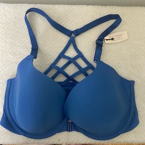 NWT Victoria Secret Blue Lined Demi Front Closure Bra With Criss Cross Back 32DD